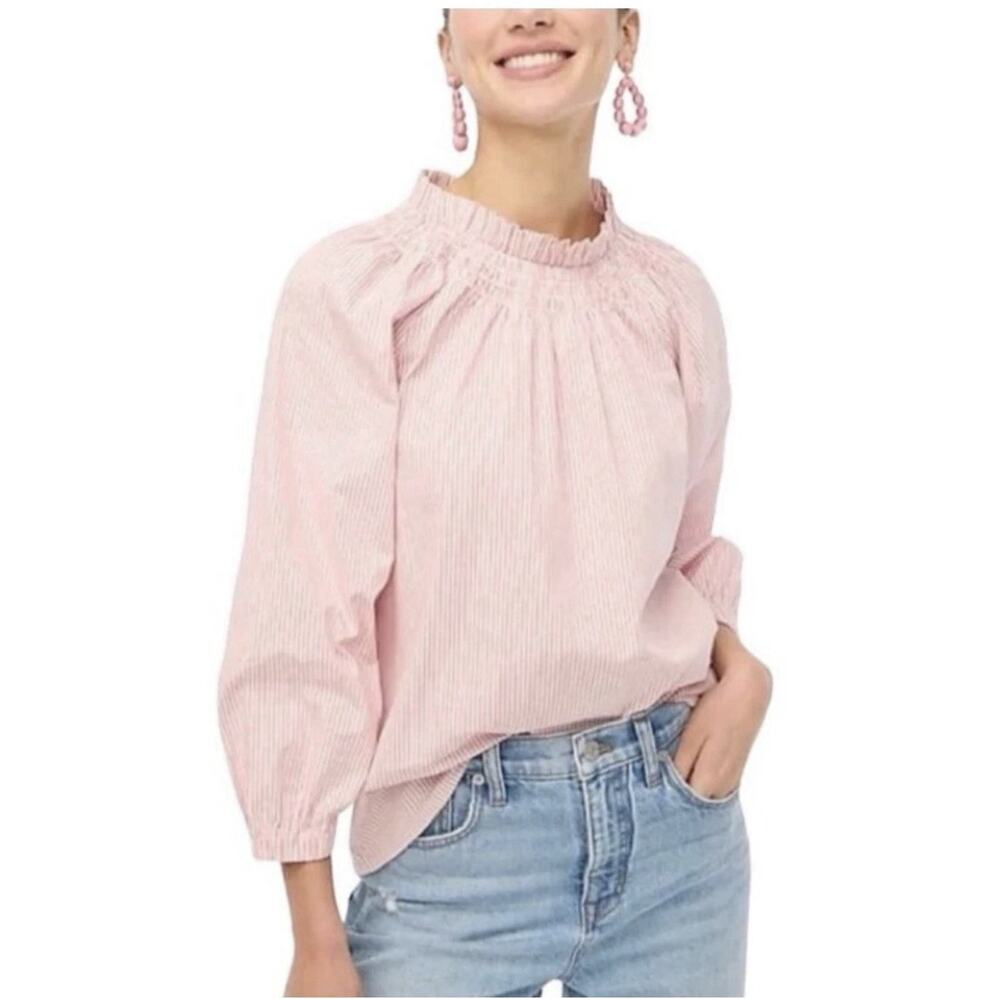 J. Crew Cotton Poplin Smocked Striped 3/4 Sleeve Top Small Pink White BM027